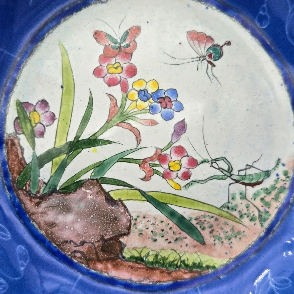Vintage Chinese Canton Enamel Butterfly Mantis Floral Trinket Bowl Hand Painted